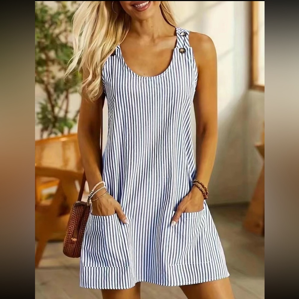 Striped button, pocketed dress
